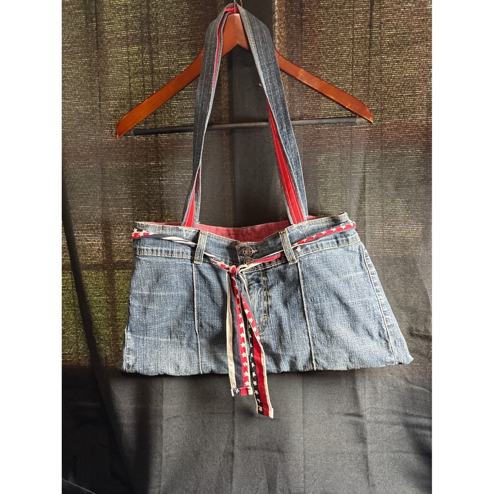 Handmade Upcycled Denim Tote Bag Blue Jean Shoulder Purse Americana Star Ribbon